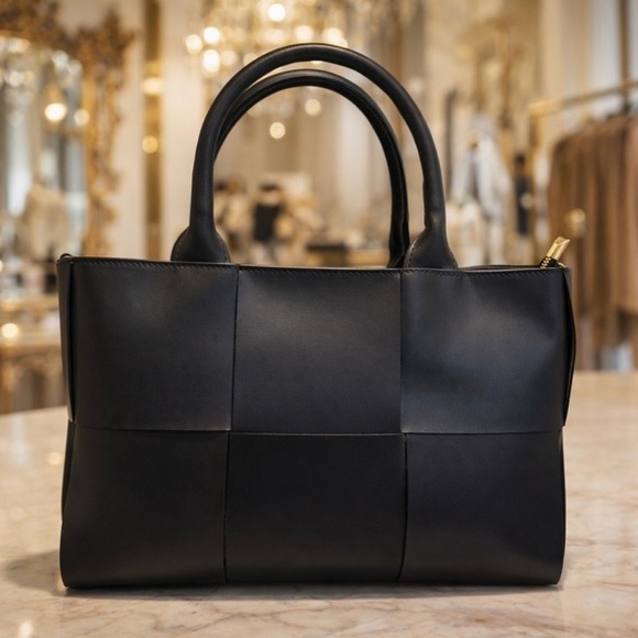 Valentina Fiore Handbags - Valentina Fiore Black Smooth Italian Leather Woven Top Handle Satchel Bag